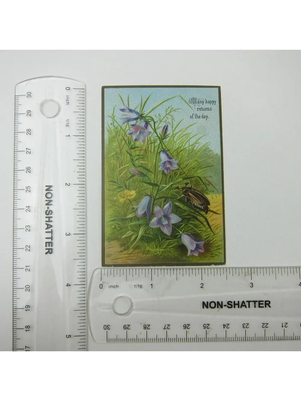 Victorian Greeting Card Happy Returns of the Day Purple Flowers Beetle Antique
